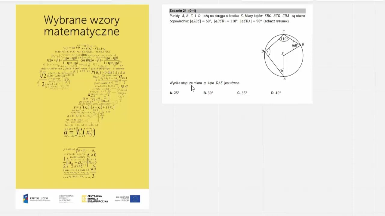 21. Punkty 𝐴, 𝐵, 𝐶 i 𝐷 leżą na okręgu o środku 𝑆. Miary kątów 𝑆𝐵𝐶, 𝐵𝐶𝐷, 𝐶𝐷𝐴 są równe odpowiednio...