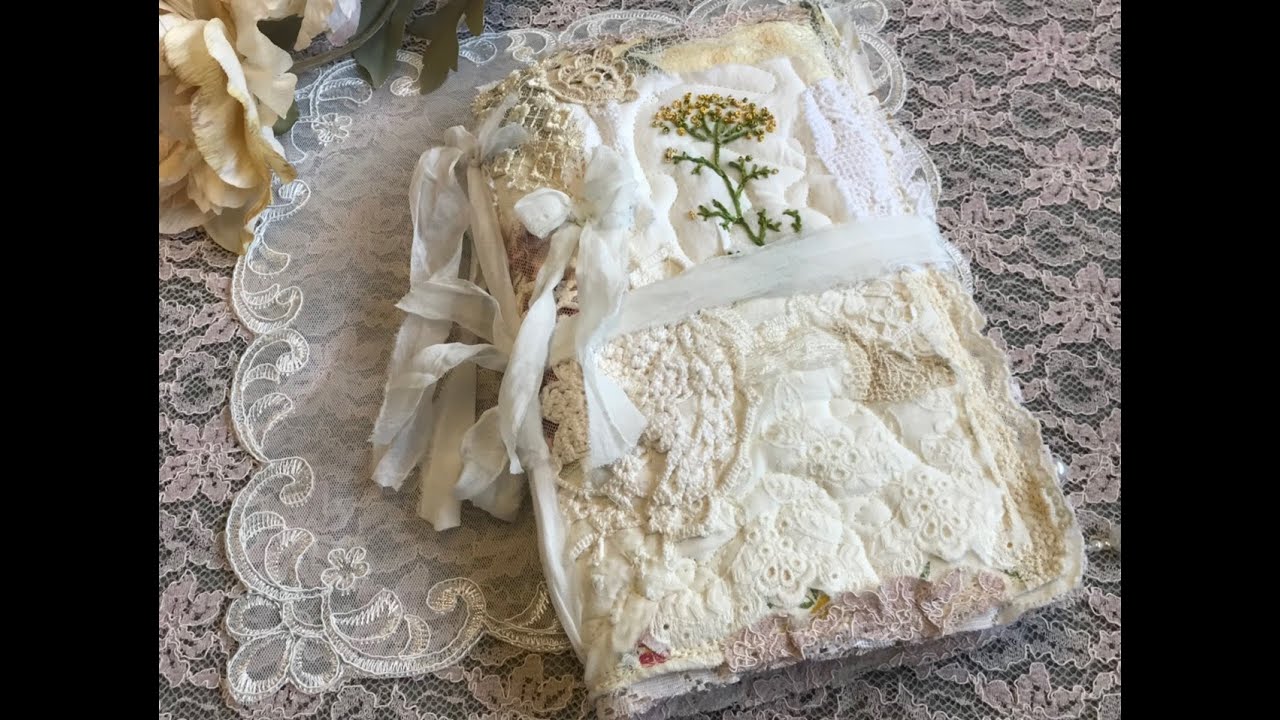 Embroidery, lace & linen fabric junk journal with removable signature, insert - Sold thanks :)
