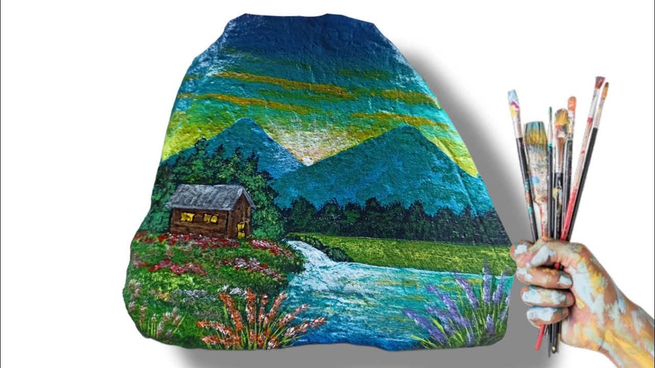 Pinté un paisaje de amanecer 🌄 sobre una piedra/arte en piedra #art #arte #painting #canvas