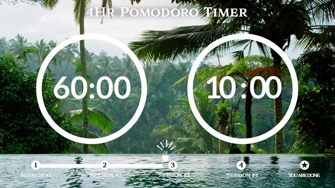 60 Minute Pomodoro Timer 💧Water sound (물 소리 ASMR) 📚 4-Hour Study ⏱ Pomodoro 60/10, 60 min x 4 sets