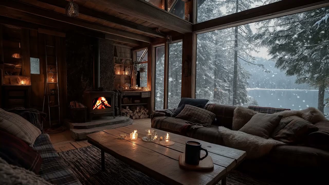 Winter Fireplace Night Ambience ❄️ Soft Music for Deep Sleep & Focus