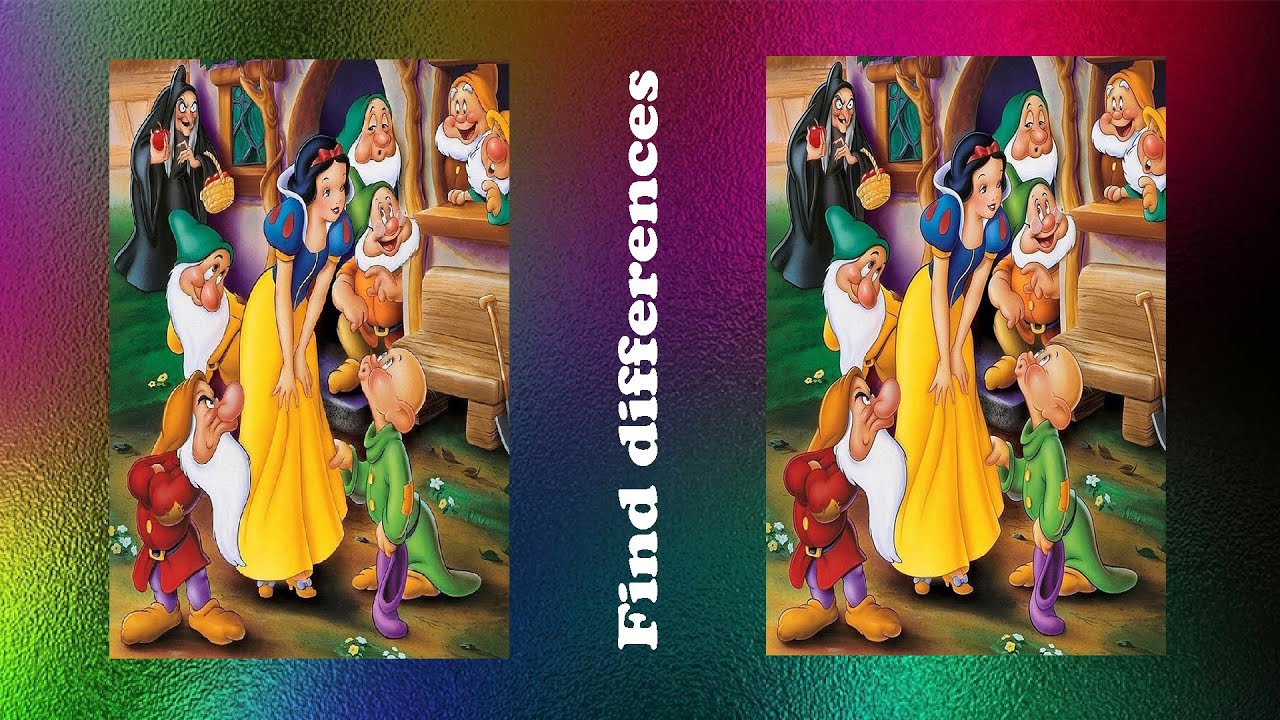 Find the differences in pictures of Snow White and the Seven Dwarfs. these challenges are very hard.