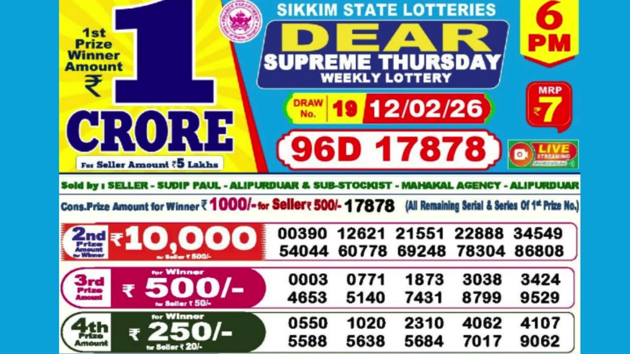 DEAR SUPREME THURSDAY WEEKLY LOTTERY TODAY RESULT 6 PM 12/02/26#latest lottery result
