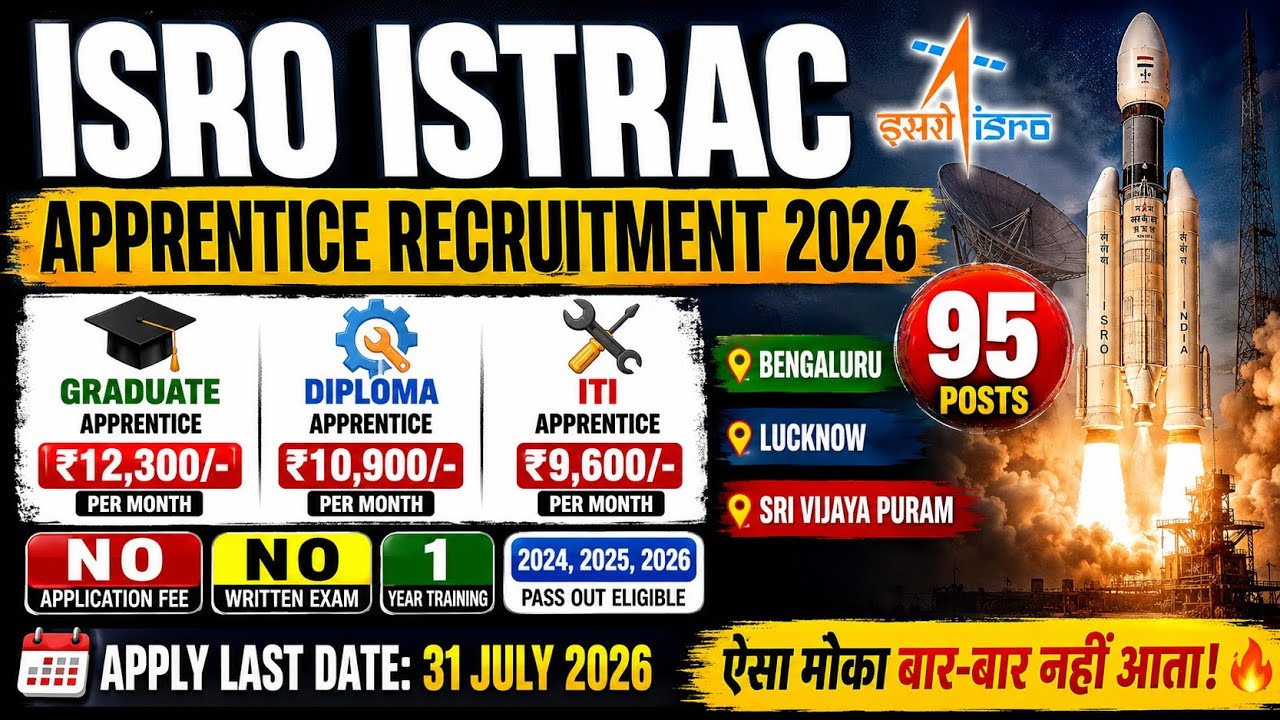ISRO Apprenticeship Recruitment 2026 | ISRO Recruitment 2026 | ITI,Diploma & Degree Apprentice भर्ती