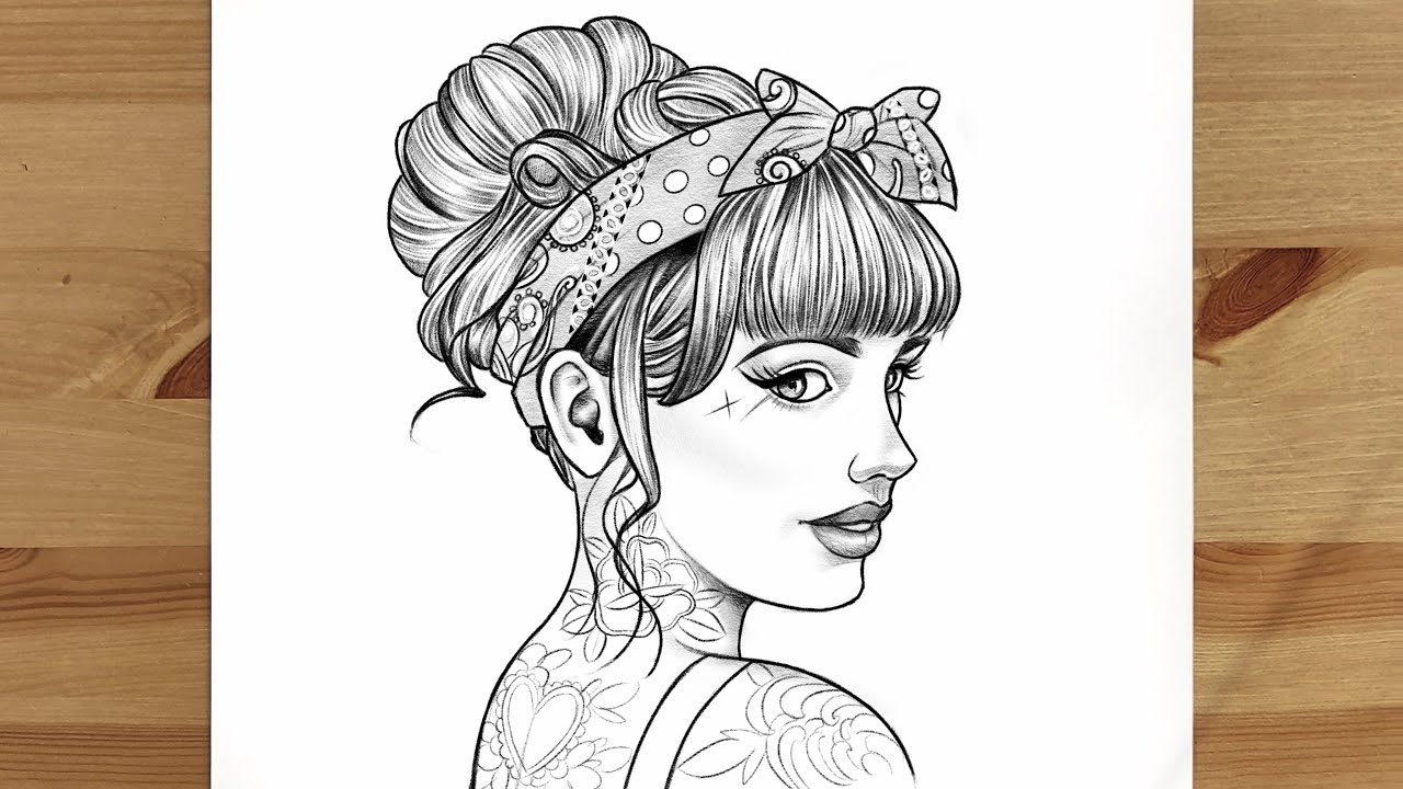 How to Draw a Beautiful Girl with a Rockabilly Hairstyle | 4 | Pencil Sketch Drawing | Pin Up Style