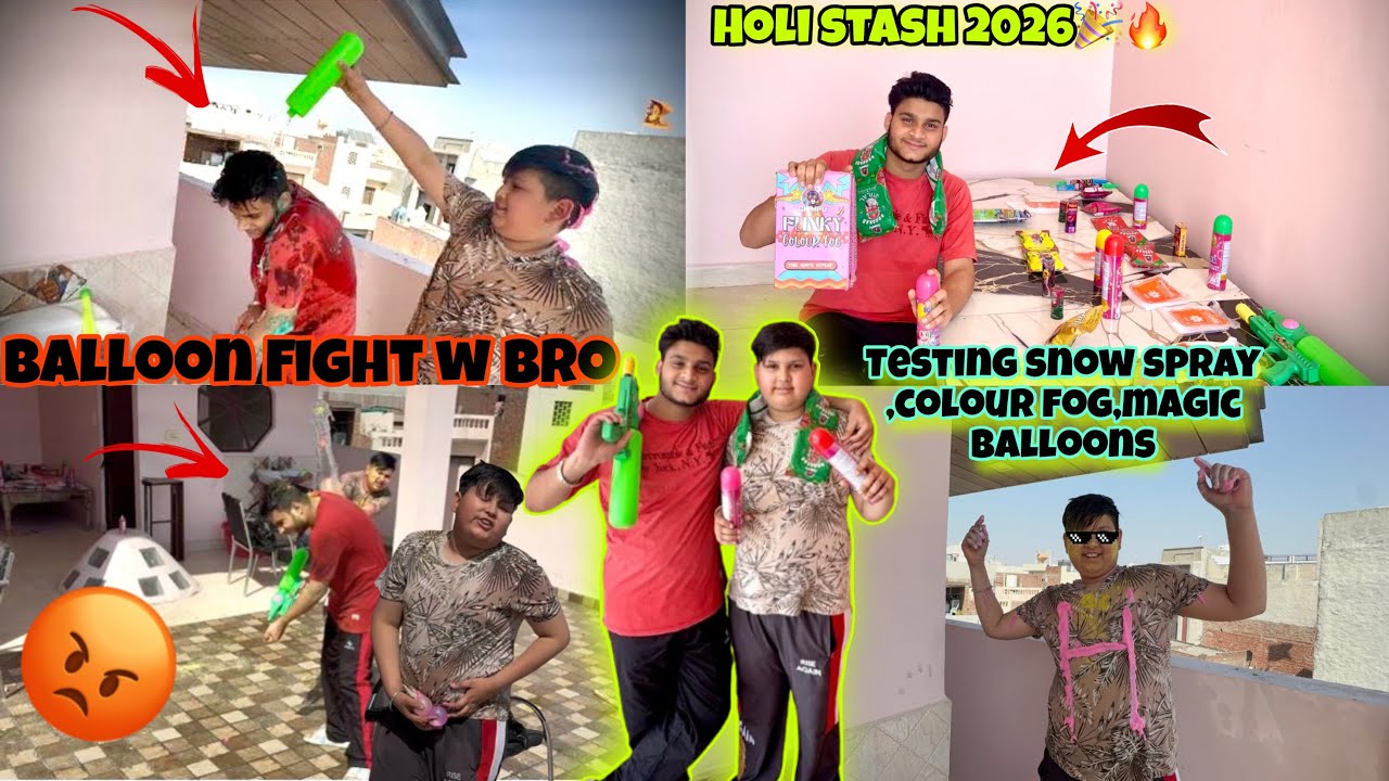 Holi stash 2026🎉🔥 testing w brdr🔥🫂 snow spray ,colour fog ,small colour fog magic balloons fight 
