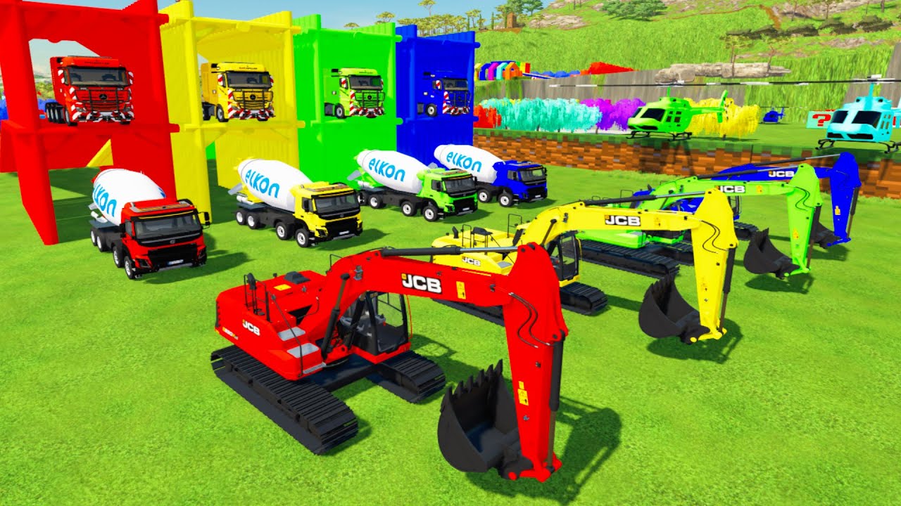 Красочная тяжёлая машина — красочный экскаватор JCB, бетономешалка Volvo Point P, перевозимая в г...