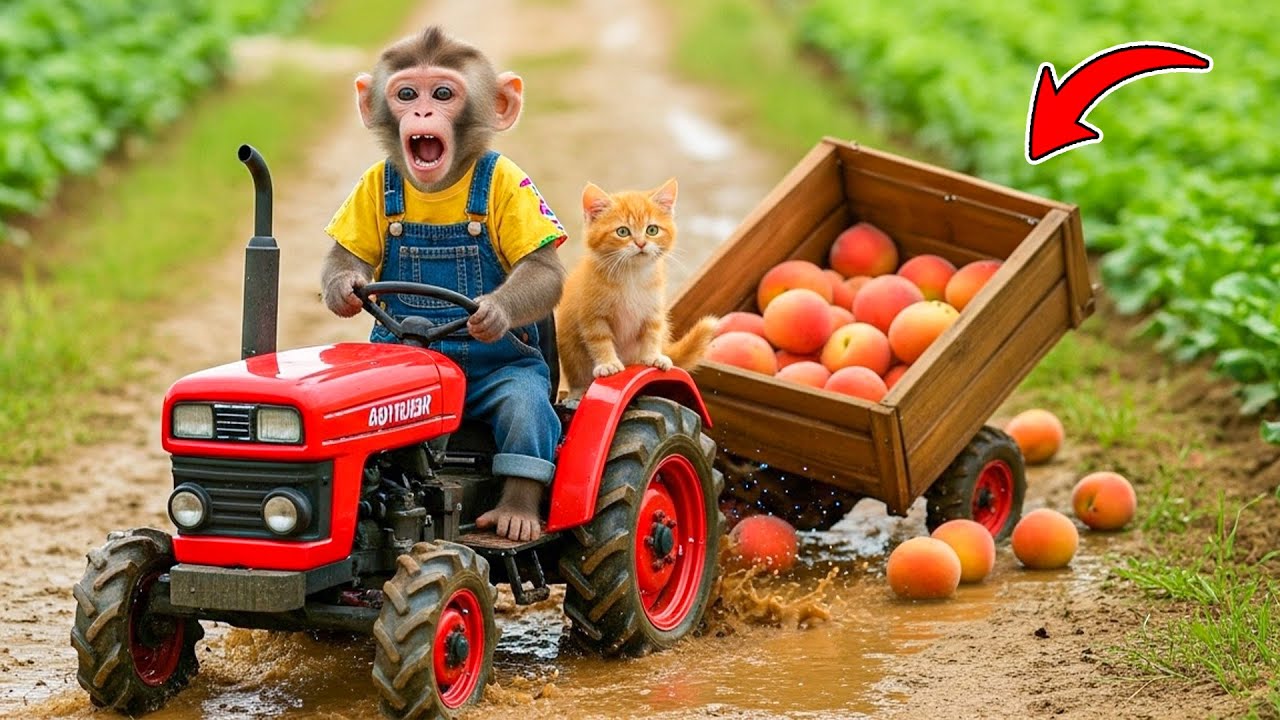 Monkey BonBon Drives Tractor to Harvesting Peaches Farm! 🍑🚜 Crane rescues Tractor stuck in Mud