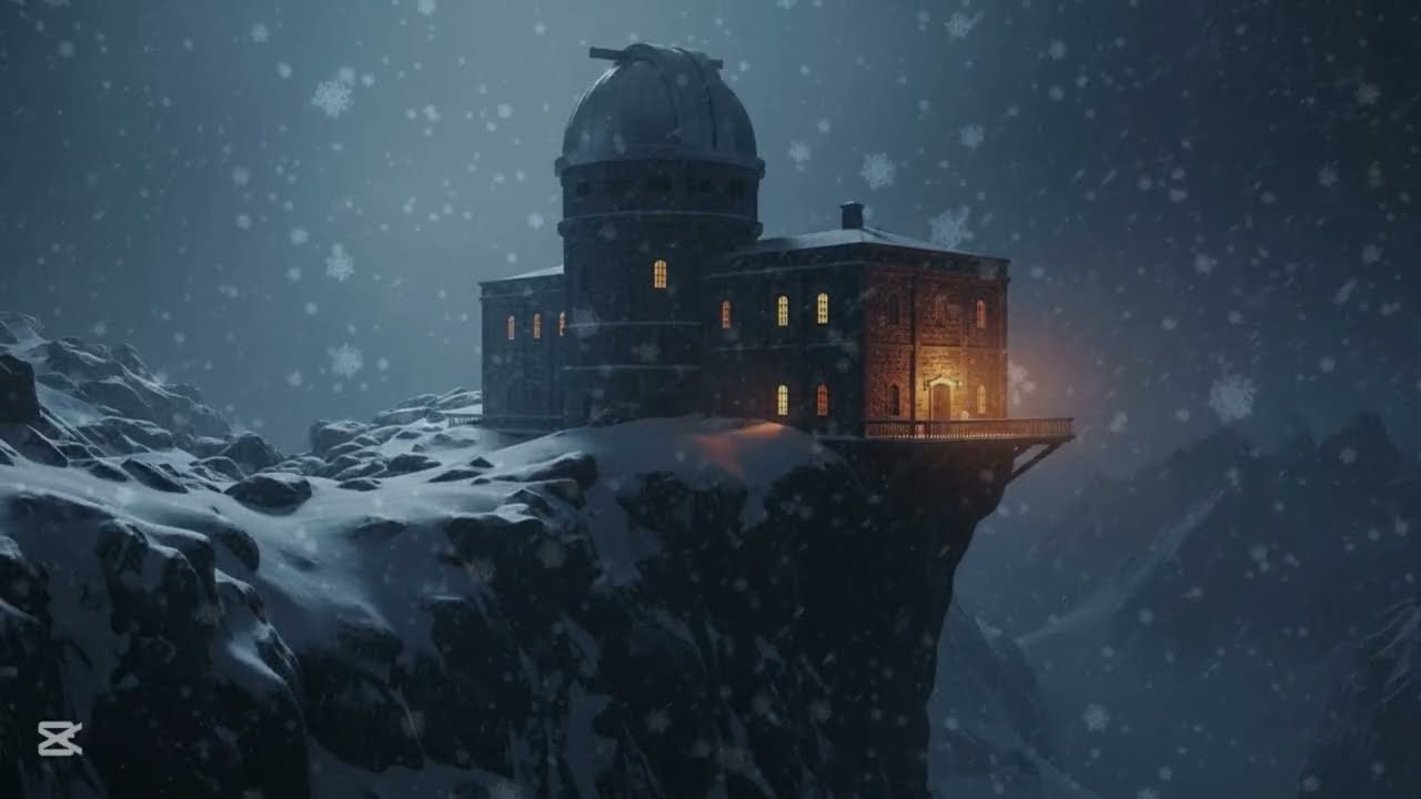 Blizzard Mountain Observatory Ambience | Brown Noise & Fireplace for Focus | 吹雪の山の天文台
