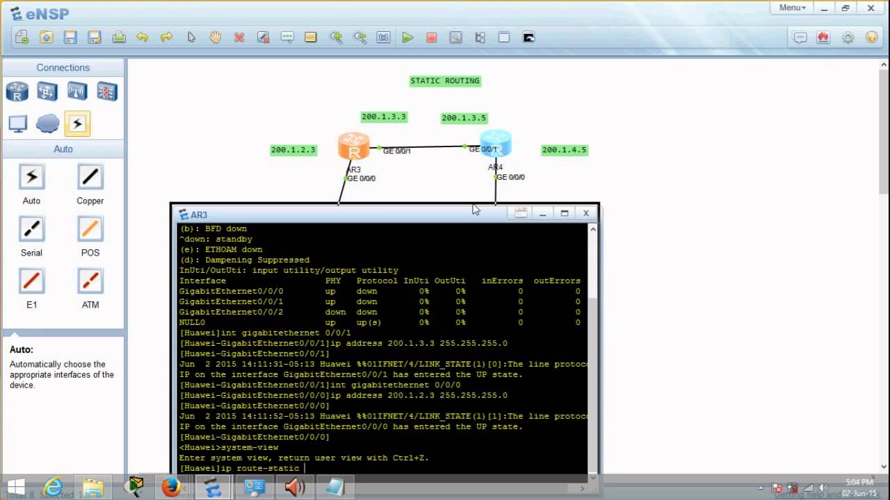 Huawei eNSP Basic Networking Series - Static Routing using 2 routers