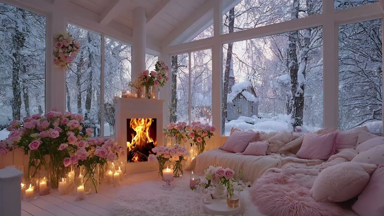 Heavy Snow and Strong Wind Outside 🌨️ Relaxing Fire Sounds in a Dark Cabin