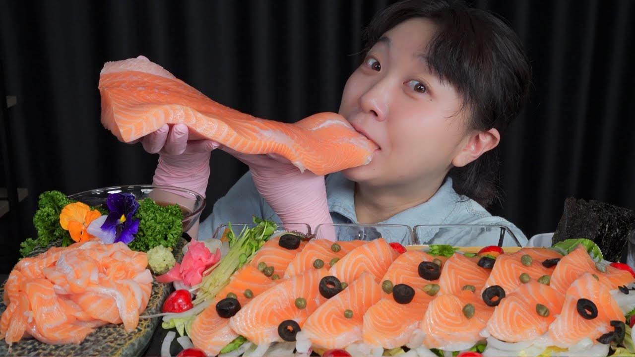 Сырая лосось 🐟 ️Mukbang eating show