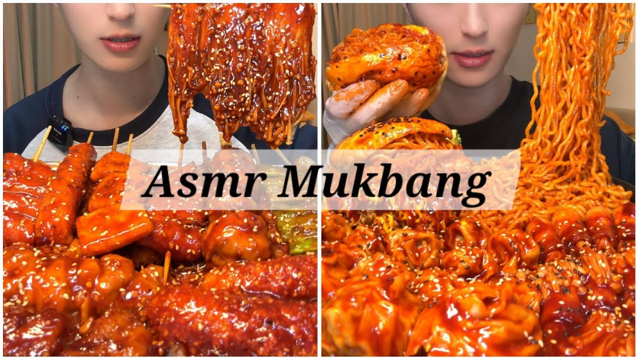 ASMR MUKBANG |🌶🥵Spicy noodles with fried chicken and kimchi |🔥🌶Spicy BARBQ and Burger 🍔 