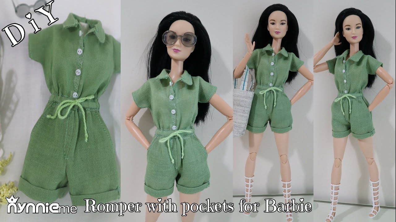 DIY How to make Romper jumpsuit with pockets for Barbie | nynnie me