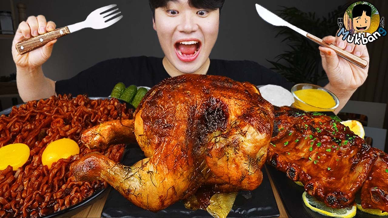 ASMR MUKBANG | Жареный цыпленок, стейк, лапша с черной фасолью, кимчи Корейская еда