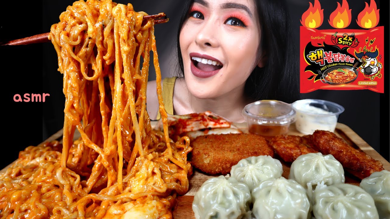 ASMR SAMYANG 2X SPICY NOODLES + DUMPLINGS, POTATO CROQUETTE & TOFU NUGGETS | COLLAB W/ @tony ASMR