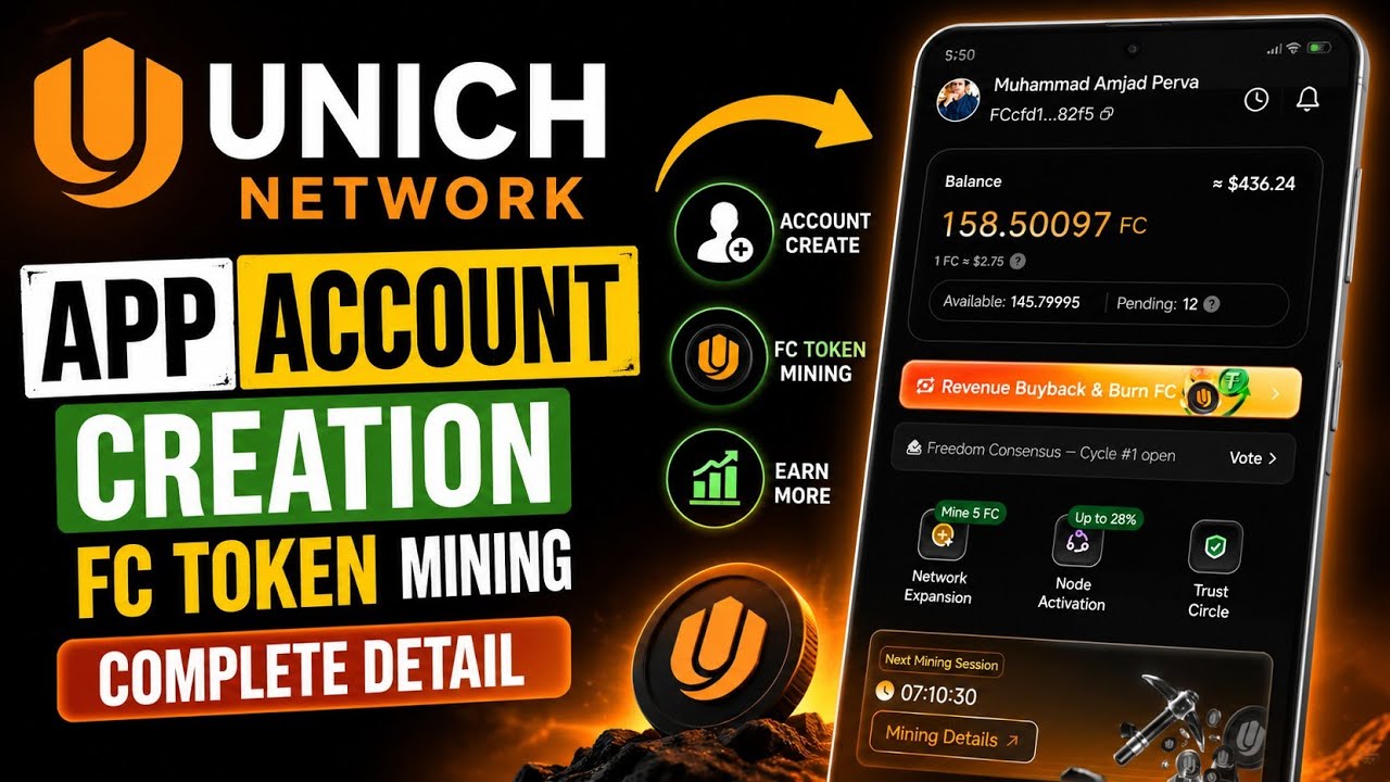 Unich Network App |Account Creation|FC Token Mining Process|FC Token Withdraw 