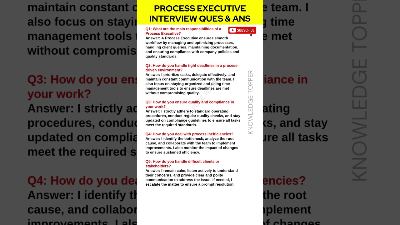 Process Executive Job Interview Questions and Answers | Process Executive Roles and Responsibilities