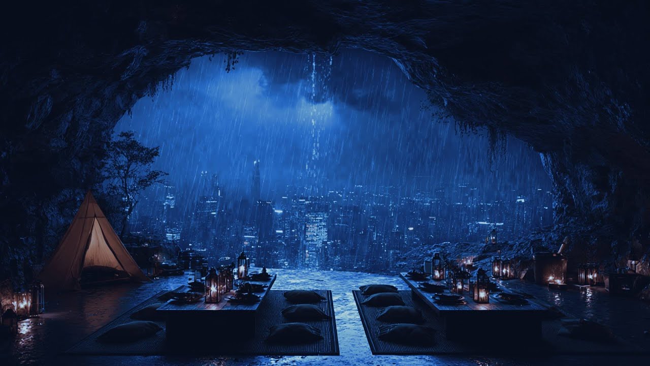 Stormy Night in a Forest Cave ⛈️ Heavy Rain Sounds for Deep Sleep (No Ads)