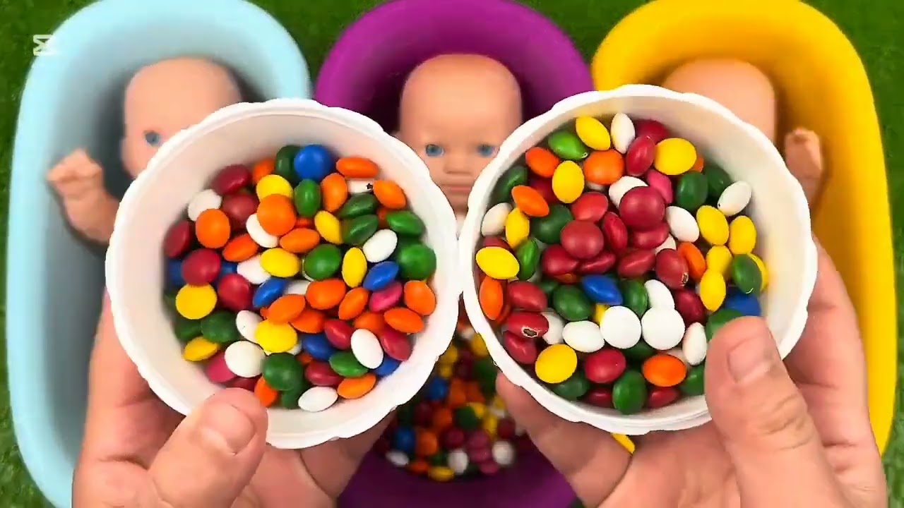 Full of 3 Rainbow BathTubs Candy with M&M's & Magic Slime Cutting Video 322