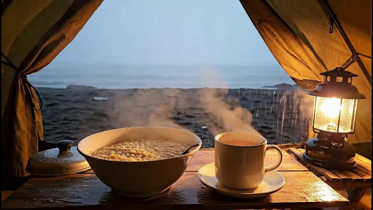 🌧️ Heavy Rain Solo Beach Camping | Cozy ASMR Ramen & Ocean Sounds #BeachCamping