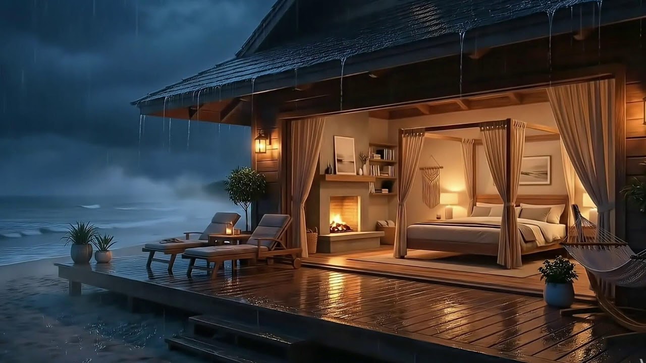 Drift Into Deep Sleep & Calm: 12 Hours Beach Cabin Rain & Waves 🌊