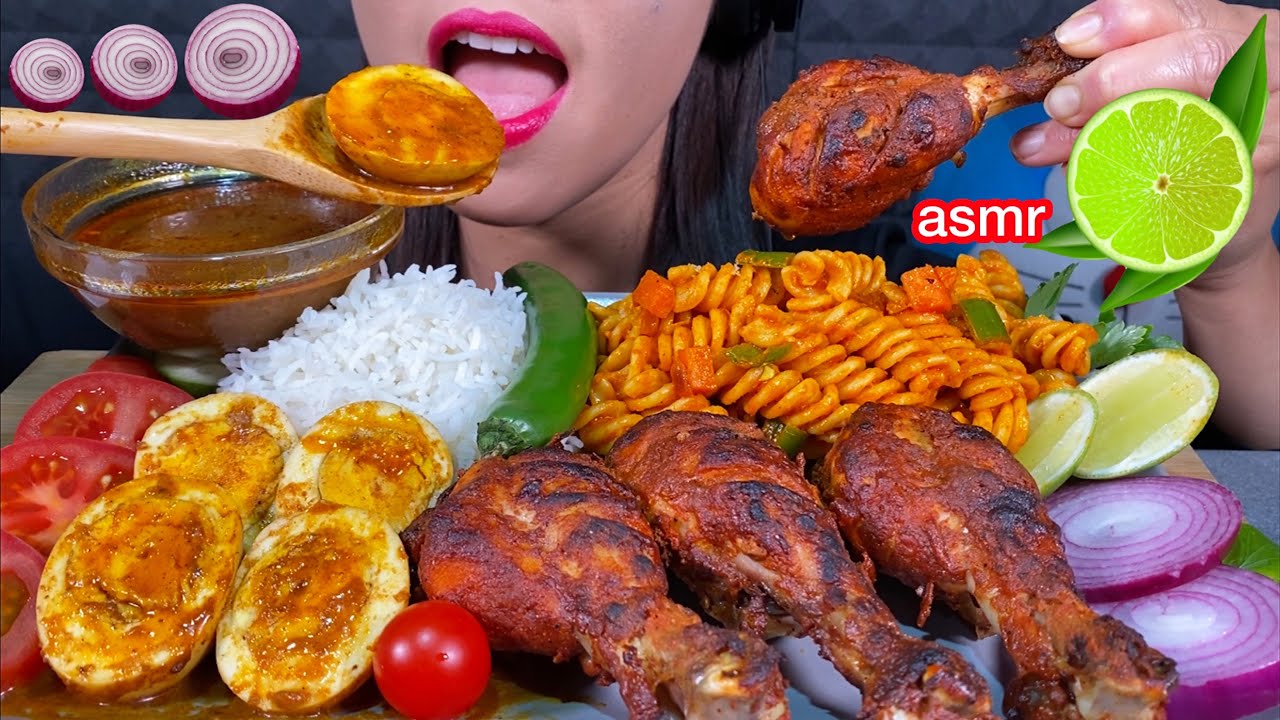 MASSIVE EATING MASALA PASTA, EGG CURRY, TANDOORI CHICKEN, BASMATI RICE VEGETABLES ASMR Eating Sounds