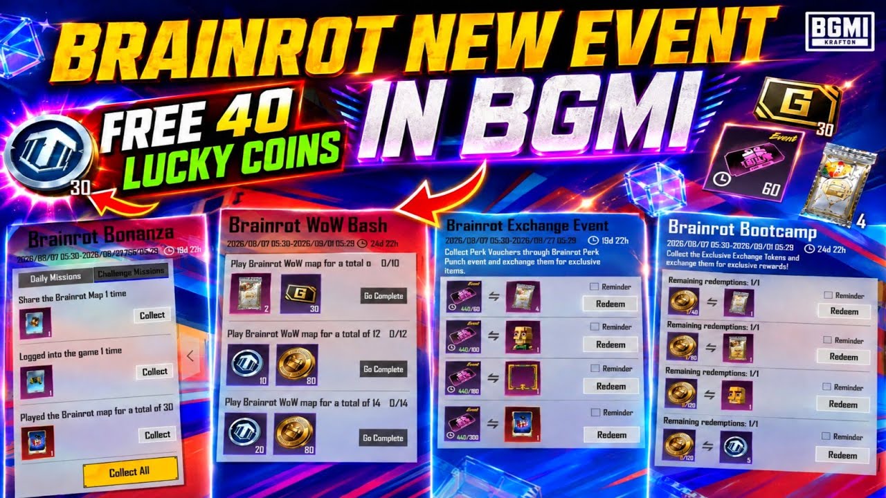 😍BRAINROT ALL FREE EVENTS IN BGMI | GET FREE 40 LUCKY COINS & 3 RARE CARDS | BRAINROT EXCHANGE EVENT