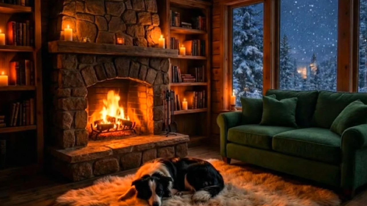Cozy Fireplace Ambience 🔥 Warm Cabin Night with Snowfall  Relaxing Sleep & Stress Relief