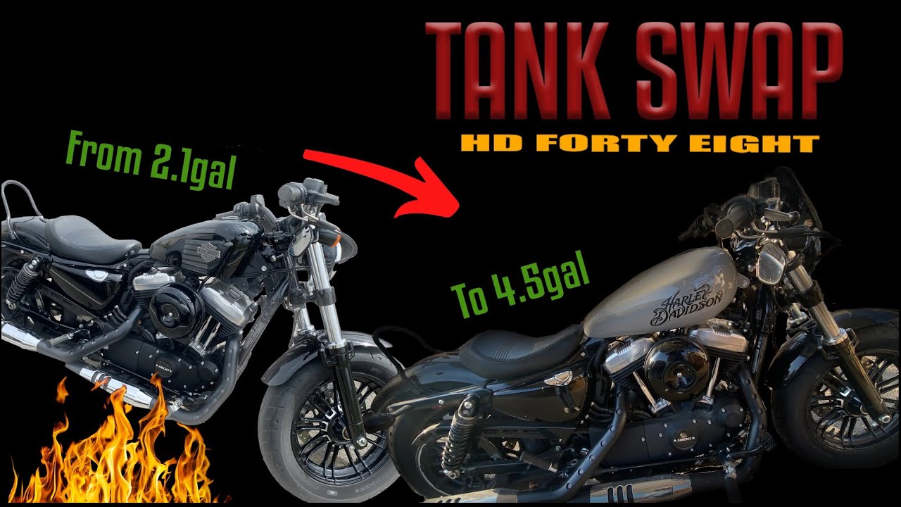 Harley Davidson forty eight 48 2016 tank swap 2.1 to 4.5 gallon.