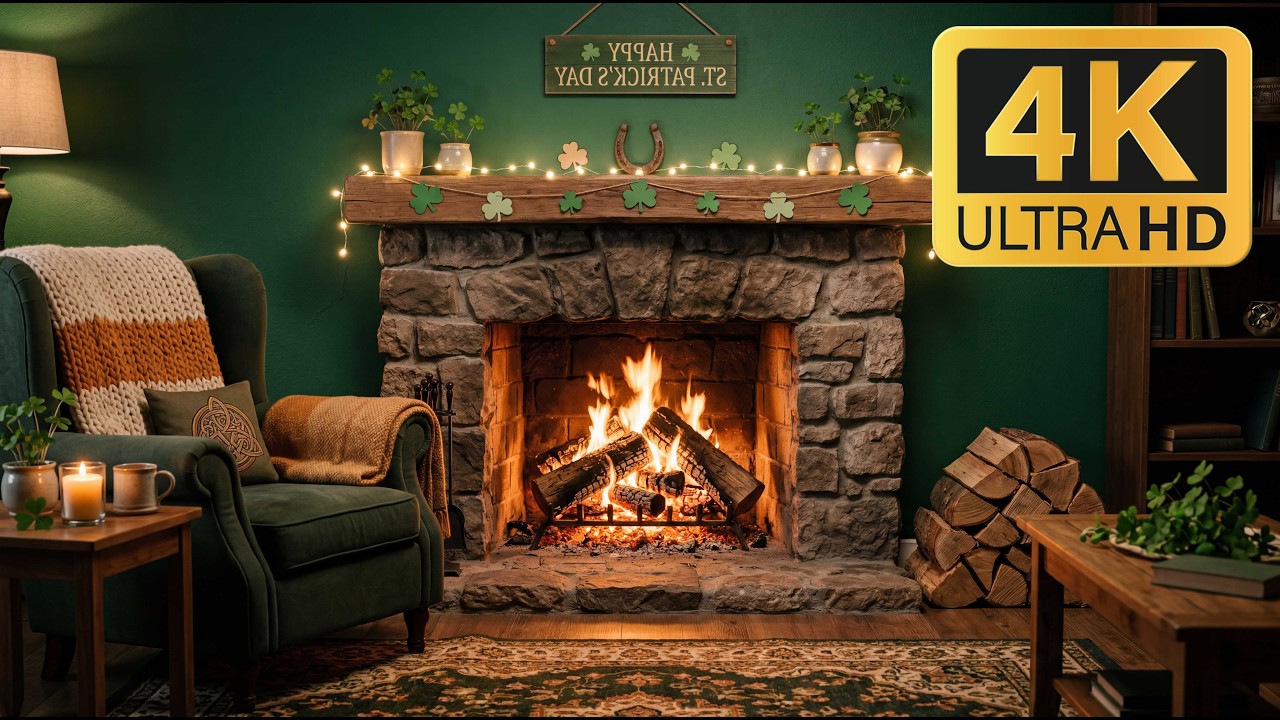 🍀 St. Patrick's Day Ambience LIVE 2026 | 12 Hours Irish Fireplace | No Music | 4K