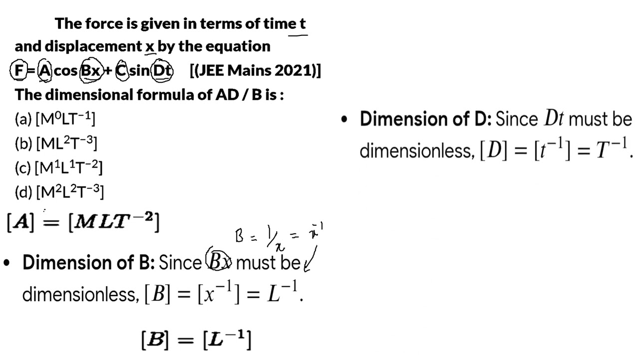 The force is given interns of time t and displacement x by the equation F=AcosBx+CsinDt