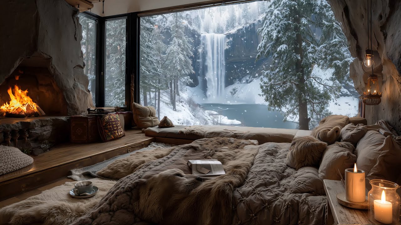 Relaxing Jazz ❄️ Frozen Waterfall & Crackling Fireplace with Cozy Winter Ambience for Sleep & Study