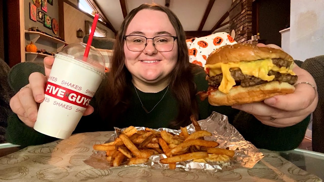 5 Guys Mukbang: bacon double cheeseburger, cajun fries & salted caramel milkshake!