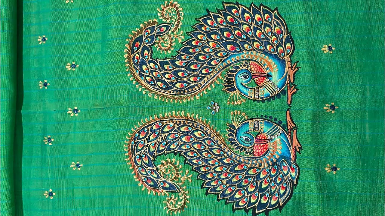  2 peacocks design in Tanjore painting style on a silk blouse || Fabric painting -156|| JLPraphulla 