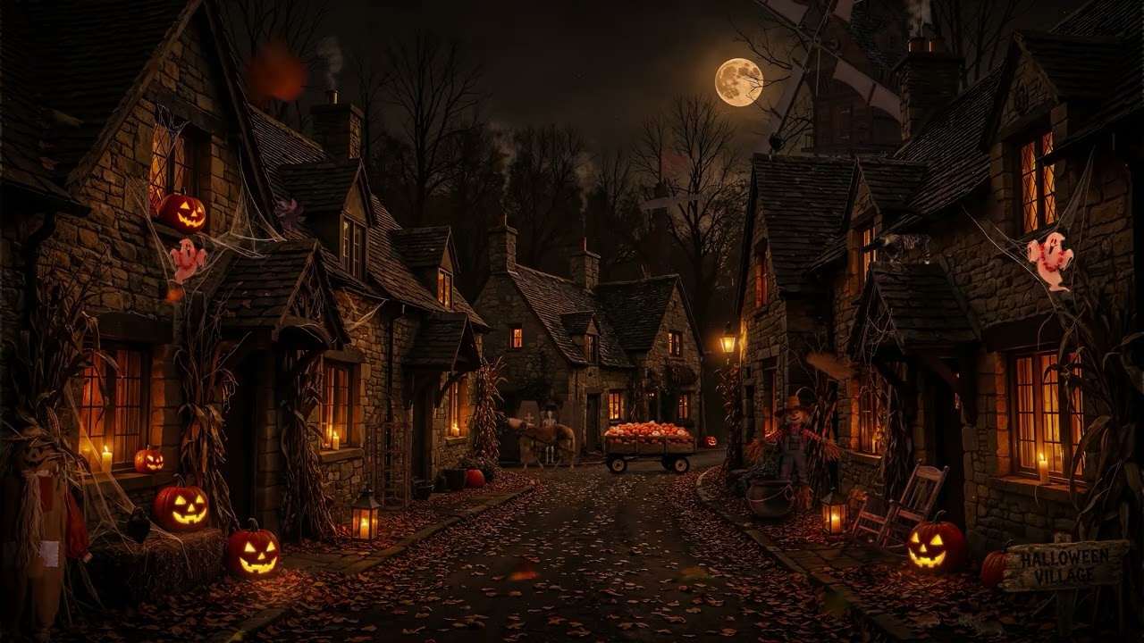 Halloween Village Ambience 🎃🍂 Autumn Night Wind, Rustling Leaves & Cozy White Noise for Relaxation