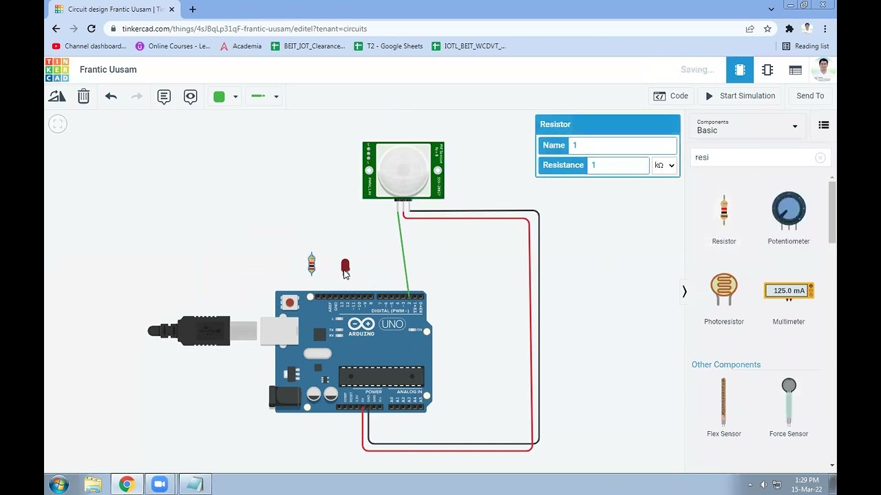 PIR Sensor and Arduino Interfacing in Tinkercad