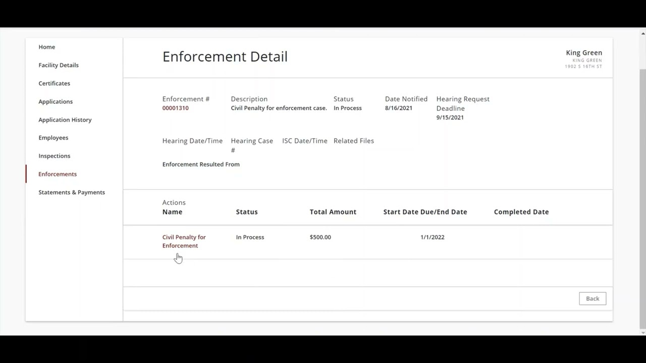 Enforcement Overview: Facility Licensing Portal