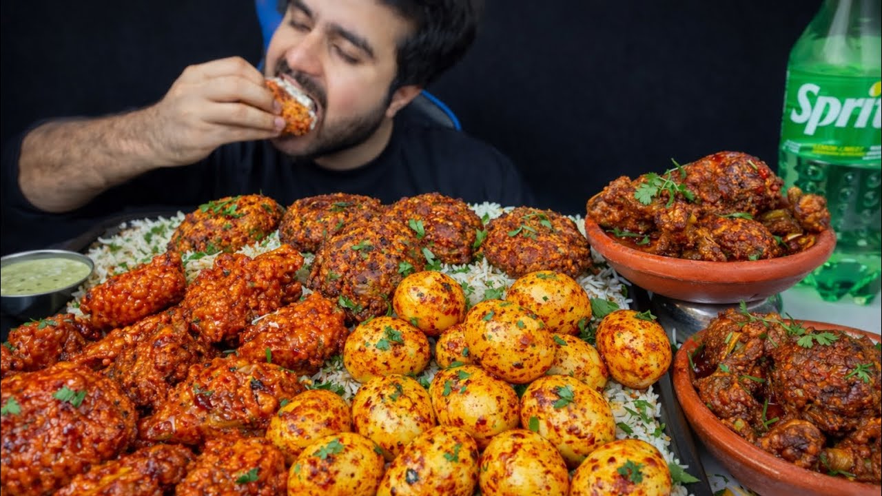 ASMR; Eating Spicy Chicken Legs Curry Chicken Manchurian  chicken potato, cutlets Rice    Mukbang216