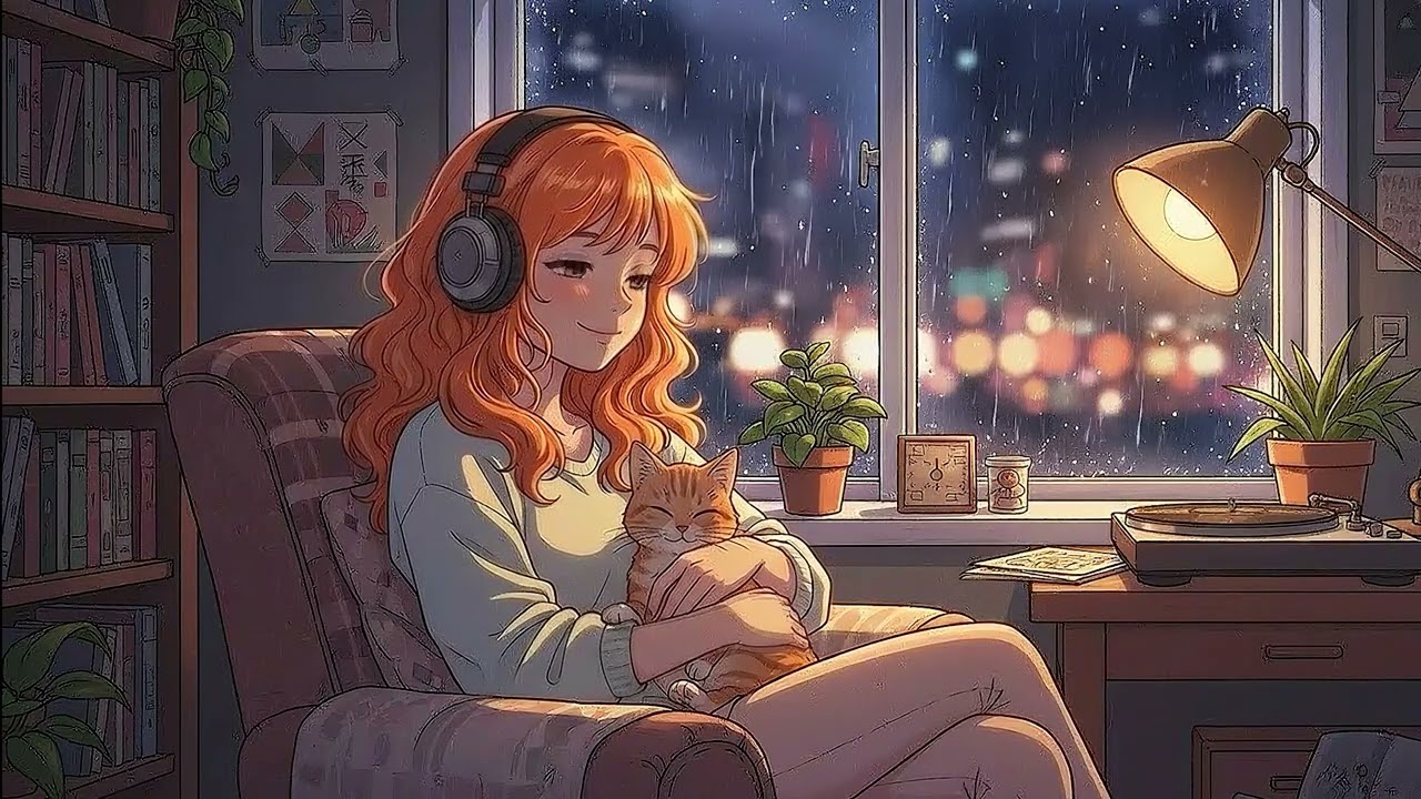 Get Ready for 4 Hours of RELAXING LOFI Music with a GIRL and her CAT on a RAINY Night