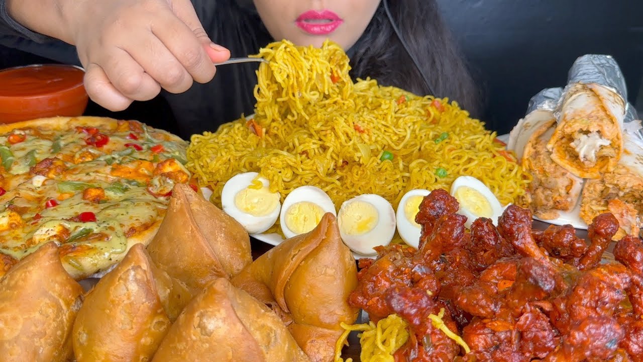 ASMR EATING MAGGI NOODLES,SAMOSA,SHAWARMA,CHICKEN LOLLIPOP,VEG PIZZA *FOOD VIDEOS*