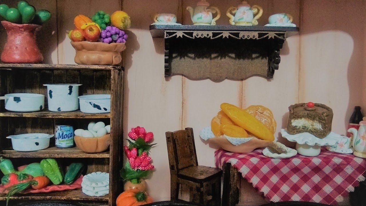 Quadro cenário cozinha  com pães, frutas e legumes em biscuit