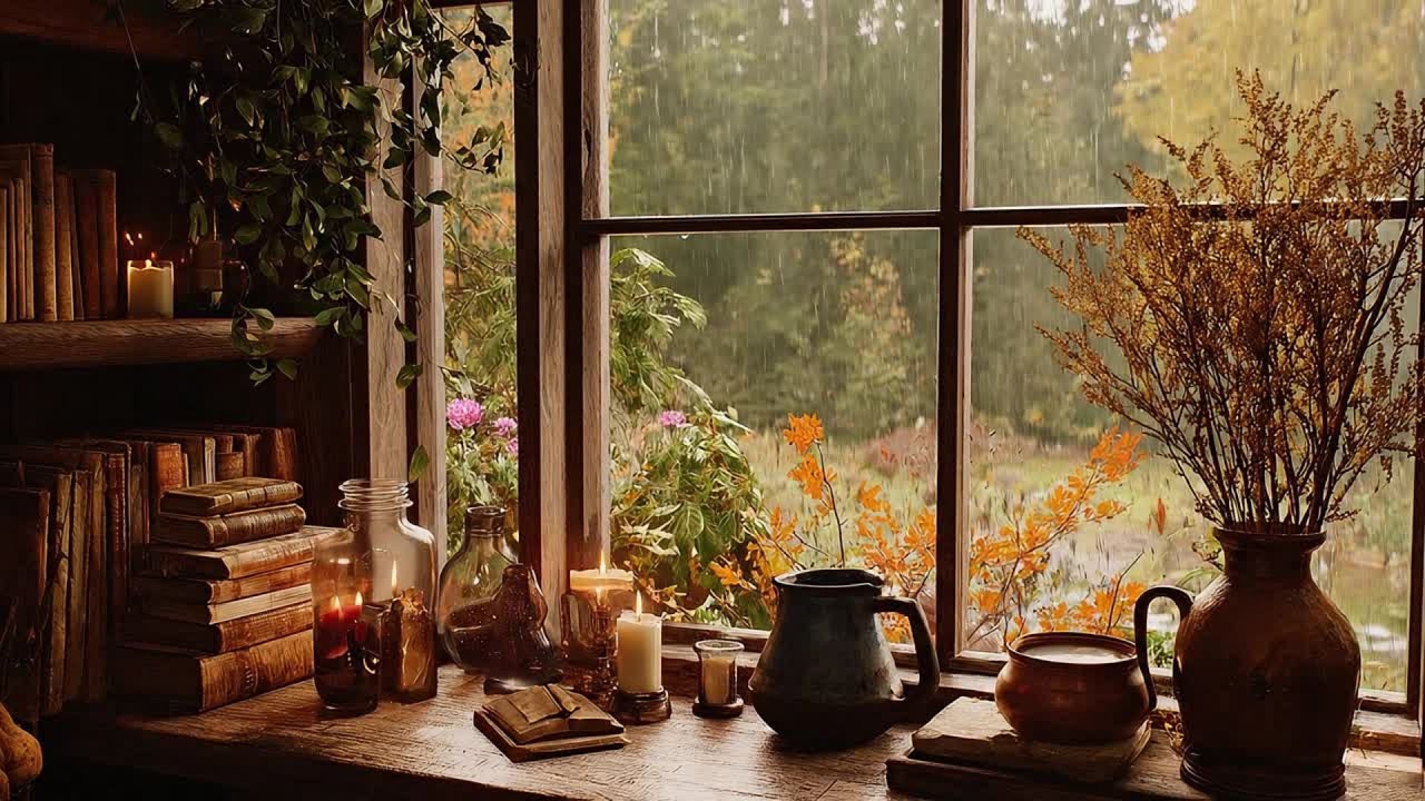 🍂 Rainy Day Window | Cozy Fall Ambience, Flickering Candles & Gentle Rain Sounds | Relax & Unwind