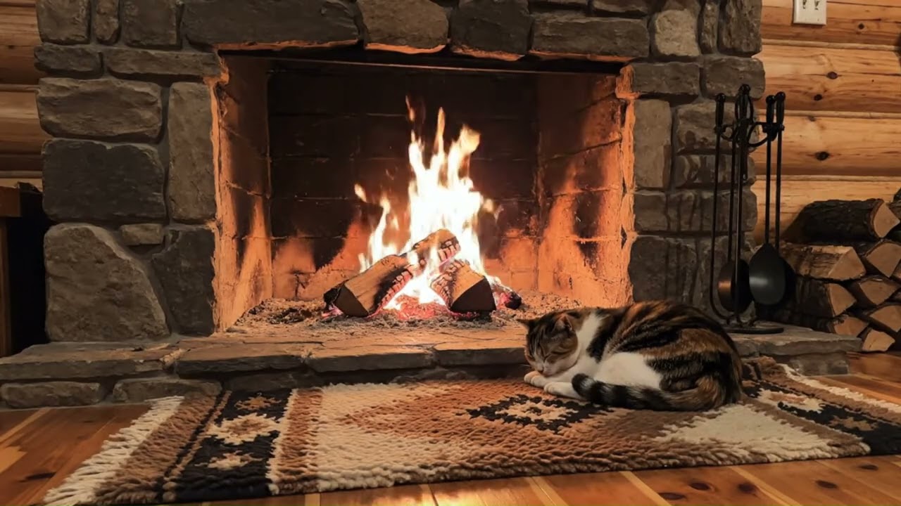 5 Hours of Cozy Cabin Fireplace with Sleeping Cat | Relaxing Fire Sounds