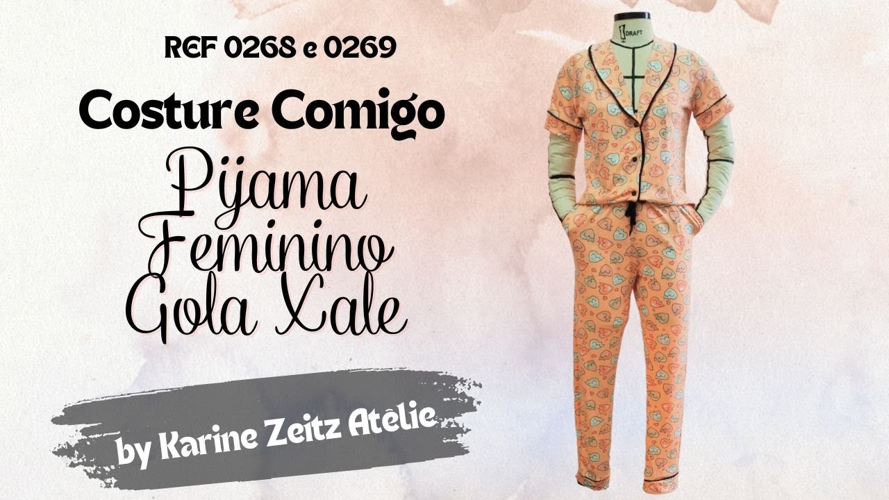 Costure Comigo, Pijama Feminino Gola Xale com bolsos em malha Suede