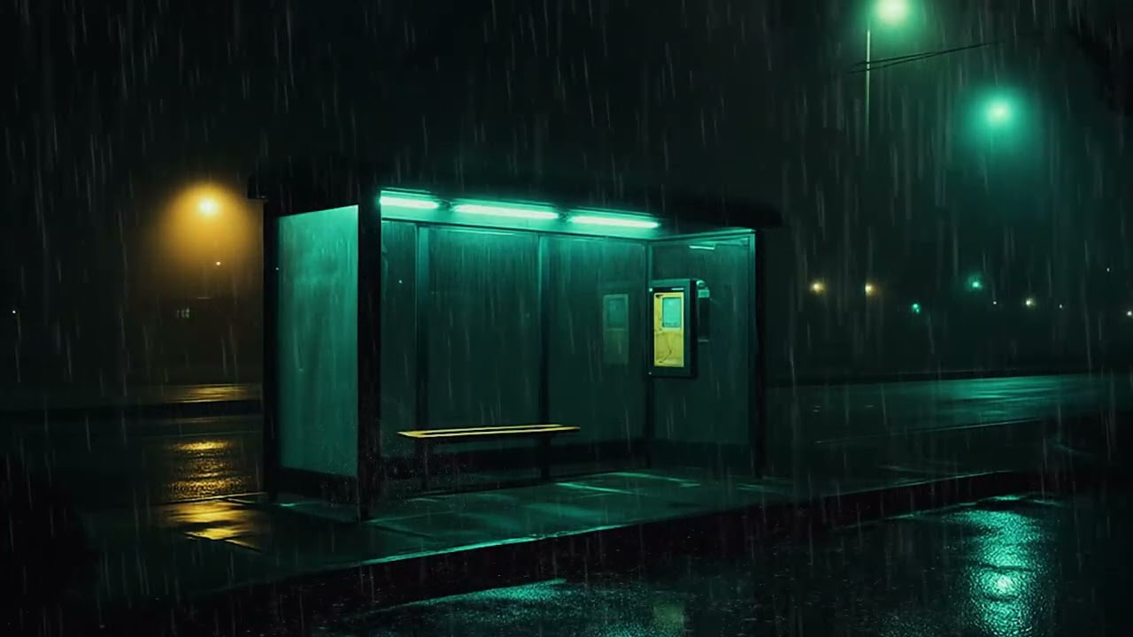 Heavy Rain at a Lonely Bus Station 🌧️ Night Ambience for Sleep & Stress Relief