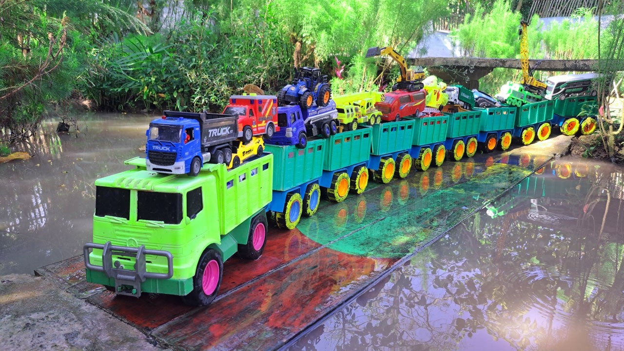 Mobil truk tronton penuh mobil mobilan truk molen, crane, excavator, mobil balap