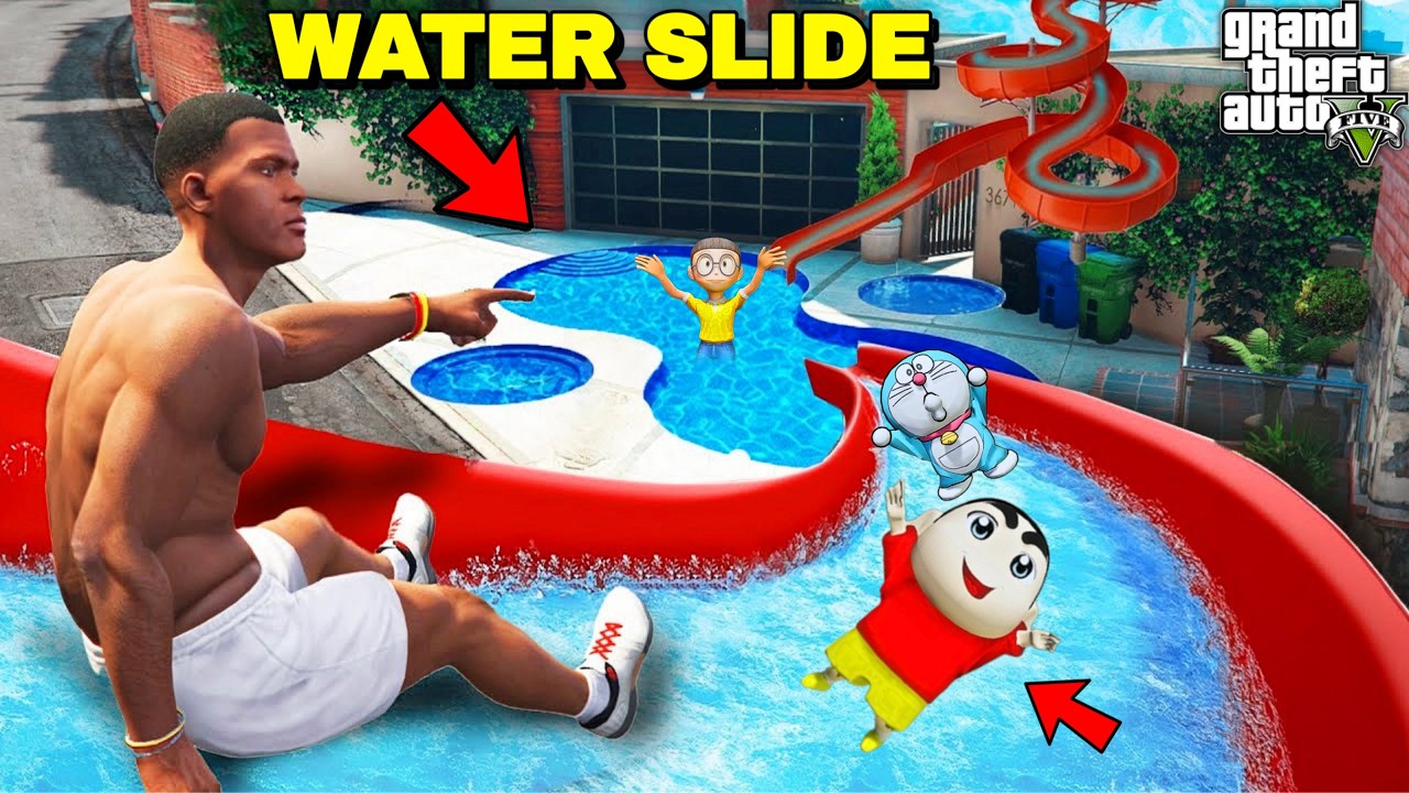 SHINCHAN 😂 & FRANKLIN NEW WATER SLIDE 🛝 PARK , NEW FRANKLIN HOUSE IN GTAV - IN TELUGU
