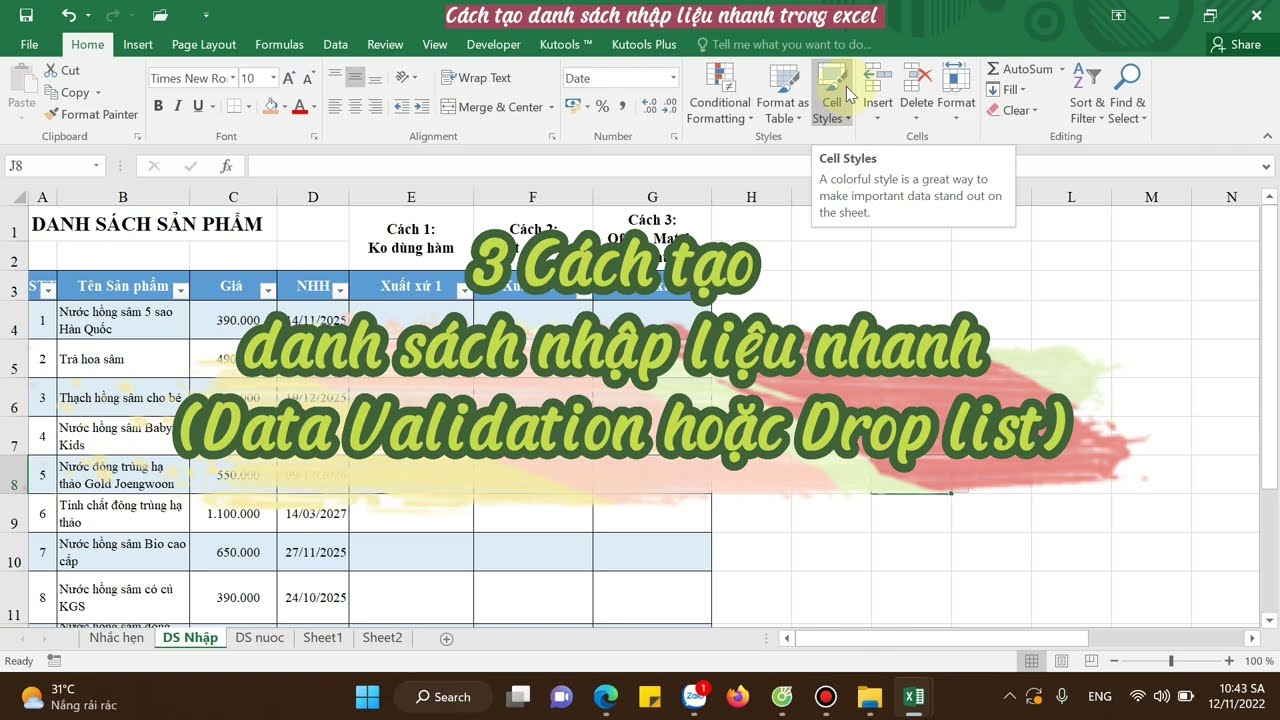 Cách tạo danh sách nhập liệu nhanh (Data Validation hoặc Drop list)