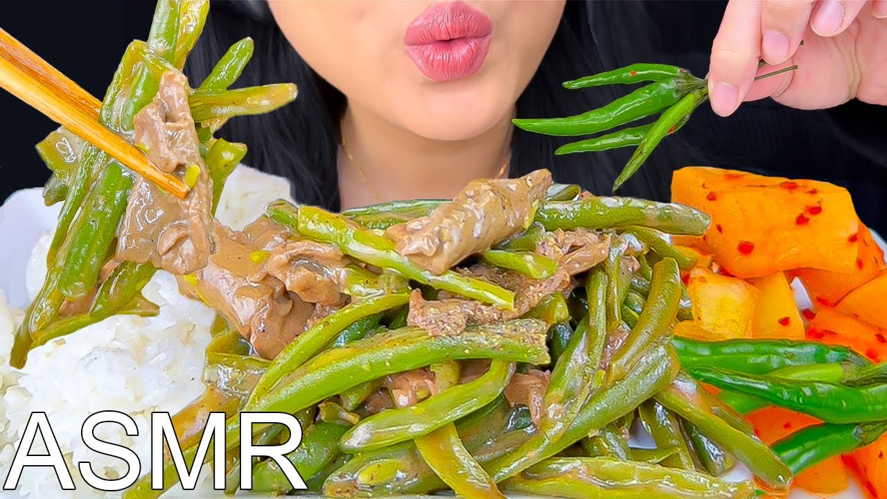 ASMR Crunchy Radish Kimchi, Steak, Green Beans + Rice | Eating Sounds | Mukbang | ASMR Phan
